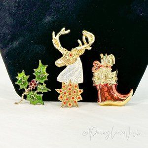 Vintage 3 Christmas Set Pin Brooch in Gold Tone